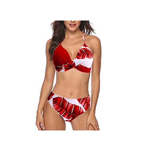 Riseado Leaf Printing Bikini Set Push Up Swimwear Women Patchwork Bathing Suit Women Halter Beachwear New Sexy Bikini Mujer Red XL