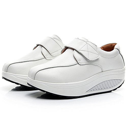 rismart Mujer Cuña Bucle Cómodo Linda Cuero Zapatillas Zapatos SN8787(Blanco,EU39.5)