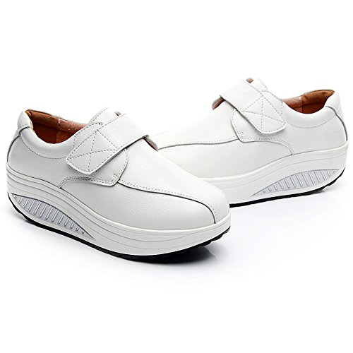 rismart Mujer Cuña Bucle Cómodo Linda Cuero Zapatillas Zapatos SN8787(Blanco,EU39.5)