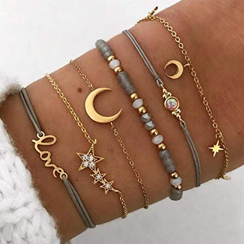 RIsxffp 6Pcs / Set Moda Pulseras Mujeres Love Moon Star Charm con Cuentas Brazalete Pulsera Joyería Golden