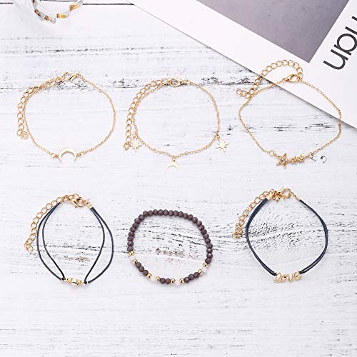 RIsxffp 6Pcs / Set Moda Pulseras Mujeres Love Moon Star Charm con Cuentas Brazalete Pulsera Joyería Golden