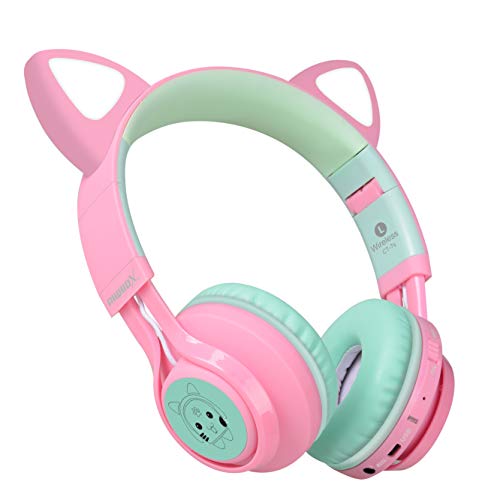 Riwbox CT-7 - Auriculares Bluetooth con orejas de gato, luz LED, inalámbricos, con micrófono y control de volumen, para iPhone/iPad/smartphone/portátil/PC/TV Rosa&Verde