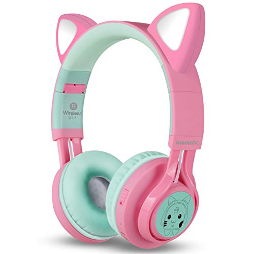 Riwbox CT-7 - Auriculares Bluetooth con orejas de gato, luz LED, inalámbricos, con micrófono y control de volumen, para iPhone/iPad/smartphone/portátil/PC/TV Rosa&Verde