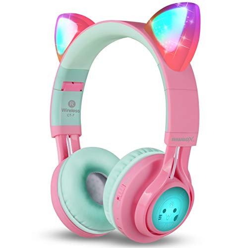 Riwbox CT-7 - Auriculares Bluetooth con orejas de gato, luz LED, inalámbricos, con micrófono y control de volumen, para iPhone/iPad/smartphone/portátil/PC/TV Rosa&Verde