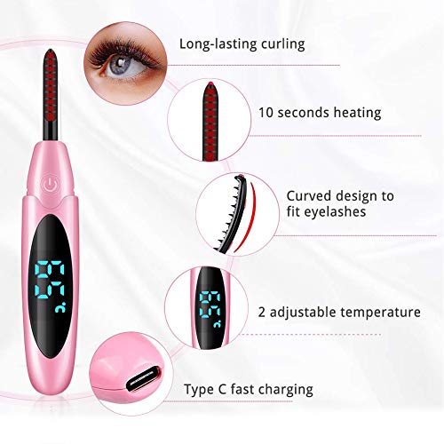 Rizador de Pestañas Calentado,Rizador de Pestañas Termico,Rizador de Pestañas Electrico,Interfaz Tipo-C de Carga Rápida, Con Cepillo de Limpieza, Temperatura Ajustable,Mantener Resultados Duraderos
