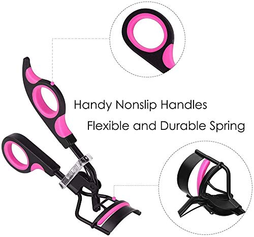 Rizador de Pestañas, Herramienta para Rizar las Pestañas con Mango de Plástico profesional Lash Curler con 10 Almohadillas de Repuesto, Peine de Pestañas, Pinzas de Cejas para Mujeres y Niñas (Pink)