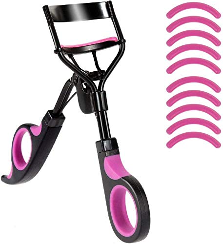 Rizador de Pestañas, Herramienta para Rizar las Pestañas con Mango de Plástico profesional Lash Curler con 10 Almohadillas de Repuesto, Peine de Pestañas, Pinzas de Cejas para Mujeres y Niñas (Pink)