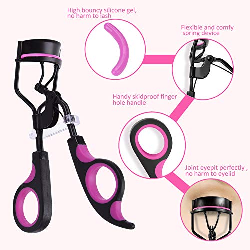 Rizador de Pestañas,Kapmore Herramienta para Rizar las Pestañas con Mango de Plástico profesional Lash Curler con 5 Almohadillas de Repuesto, Peine de Pestañas, Pinzas de Cejas para Mujeres y Niñas