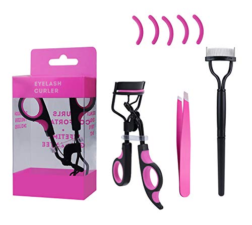 Rizador de Pestañas,Kapmore Herramienta para Rizar las Pestañas con Mango de Plástico profesional Lash Curler con 5 Almohadillas de Repuesto, Peine de Pestañas, Pinzas de Cejas para Mujeres y Niñas