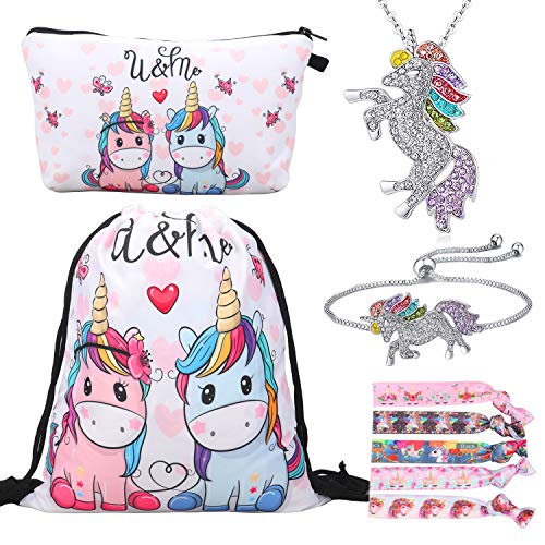 RLGPBON Pack de 5 Regalos de Unicornio para niñas, Mochila con cordón Bags/Maquillaje Bolsa/Collar Aleación Cadena/Lazos para el Cabello
