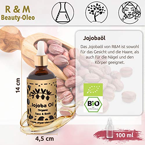 R&M - Aceite de jojoba prensado en frío para cara, cuerpo, cabello y más - 100% orgánico, comercio justo - Una piel más bella, una cara más limpia y un cabello fuerte - Botella Fair Trade - 100 ml