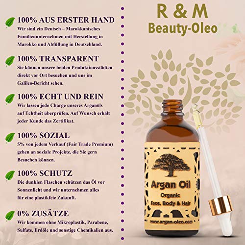 R&M Beauty-Oleo - Aceite de Argán orgánico prensado en frío. Aceite marroquí de comercio justo para masajes, cabello, cara, uñas, labios, cicatrices y espinillas. Botella con cuentagotas (100ml)