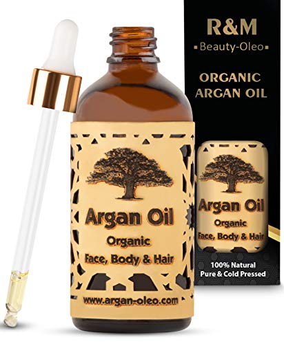 R&M Beauty-Oleo - Aceite de Argán orgánico prensado en frío. Aceite marroquí de comercio justo para masajes, cabello, cara, uñas, labios, cicatrices y espinillas. Botella con cuentagotas (100ml)