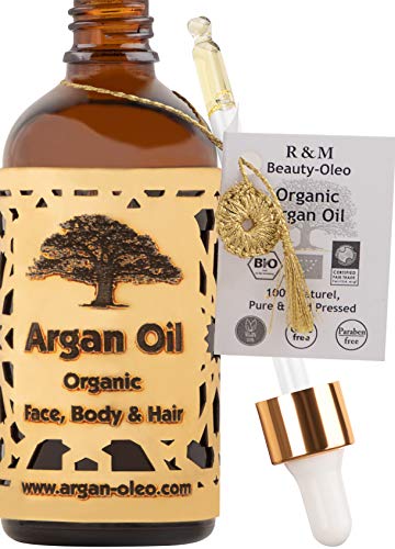 R&M Beauty-Oleo - Aceite de Argán orgánico prensado en frío. Aceite marroquí de comercio justo para masajes, cabello, cara, uñas, labios, cicatrices y espinillas. Botella con cuentagotas (100ml)