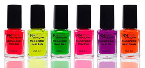 RM beautynails - Esmalte para estampado, colores Neon, Juego de 6 x 4 ml: Rojo, Amarillo, Verde, Rosa, Morado, Naranja - Esmalte de uñas