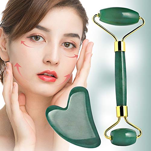 Rodillo de Jade, Gua Sha Jade, Jade Roller Facial,Jade Rodillo Gua Sha Masaje Conjunto De Herramientas,Antienvejecimiento natural,Para Cuello Cara Ojos Cabeza Cuerpo