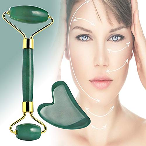 Rodillo de Jade, Gua Sha Jade, Jade Roller Facial,Jade Rodillo Gua Sha Masaje Conjunto De Herramientas,Antienvejecimiento natural,Para Cuello Cara Ojos Cabeza Cuerpo