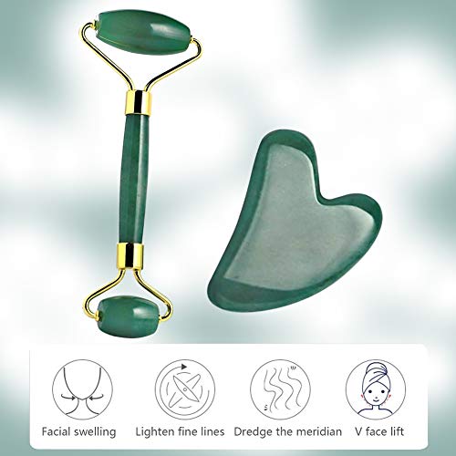 Rodillo de Jade, Gua Sha Jade, Jade Roller Facial,Jade Rodillo Gua Sha Masaje Conjunto De Herramientas,Antienvejecimiento natural,Para Cuello Cara Ojos Cabeza Cuerpo