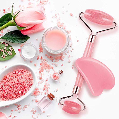 Rodillo de jade para rostro, Rodillo de cuarzo rosa Terresa con herramienta de raspado Gua Sha, Rodillo de tratamiento ocular natural antienvejecimiento, estiramiento de la piel (rosa)