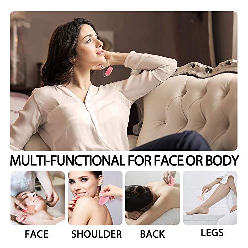 Rodillo de jade para rostro, Rodillo de cuarzo rosa Terresa con herramienta de raspado Gua Sha, Rodillo de tratamiento ocular natural antienvejecimiento, estiramiento de la piel (rosa)
