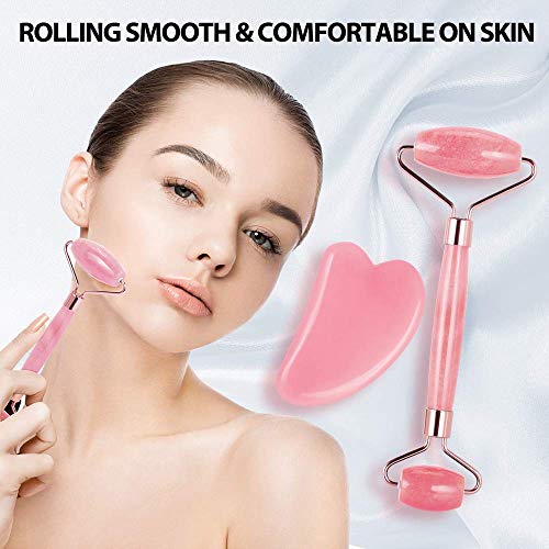Rodillo de jade para rostro, Rodillo de cuarzo rosa Terresa con herramienta de raspado Gua Sha, Rodillo de tratamiento ocular natural antienvejecimiento, estiramiento de la piel (rosa)