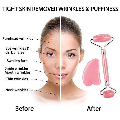 Rodillo de jade para rostro, Rodillo de cuarzo rosa Terresa con herramienta de raspado Gua Sha, Rodillo de tratamiento ocular natural antienvejecimiento, estiramiento de la piel (rosa)