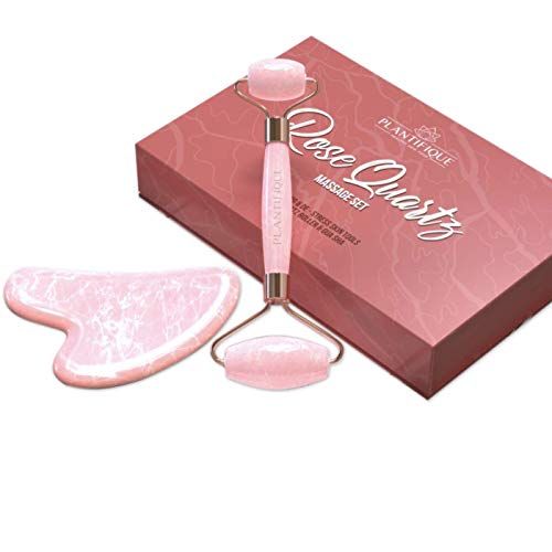 Rodillo Facial de Cuarzo Rosa Certificado e 100% Auténtico - Kit de belleza antiarrugas para tonificar y reafirmar la piel - Herramienta facial natural Gua Sha - Masajeador Facial para rostro e Ojos