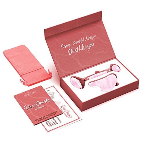 Rodillo Facial de Cuarzo Rosa Certificado e 100% Auténtico - Kit de belleza antiarrugas para tonificar y reafirmar la piel - Herramienta facial natural Gua Sha - Masajeador Facial para rostro e Ojos
