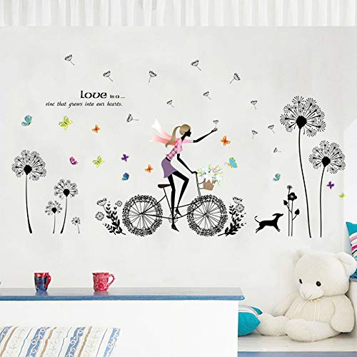 Romántico creativo arte calcomanía etiqueta de la pared sala de estar dormitorio niña regalo mural papel tapiz decoración del hogar diente de león moda paseo bicicleta niña de las flores