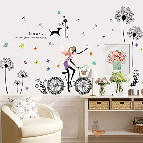 Romántico creativo arte calcomanía etiqueta de la pared sala de estar dormitorio niña regalo mural papel tapiz decoración del hogar diente de león moda paseo bicicleta niña de las flores