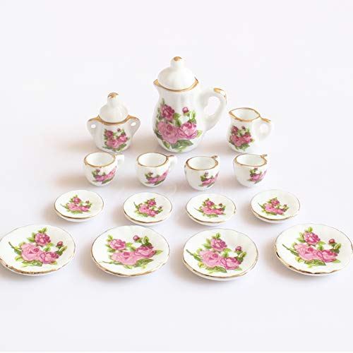 Romote Creativa De Cerámica del Patrón Mini Juego De Té De La Flor De Rose Cerámica Porcelana Juego De Té Mini Toy De Cocina De Juguete Infantil para Niños Adultos 15pcs