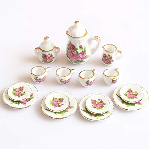 Romote Creativa De Cerámica del Patrón Mini Juego De Té De La Flor De Rose Cerámica Porcelana Juego De Té Mini Toy De Cocina De Juguete Infantil para Niños Adultos 15pcs