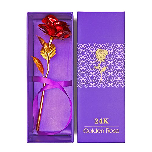 Rosa 24 K chapado en oro rosa flor con caja de regalo mejor regalo para el día de San Valentín Día de la madre Navidad cumpleaños dorado/rojo/morado/azul (Rojo)