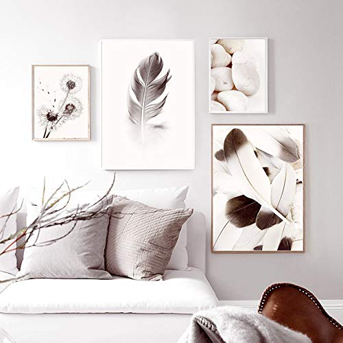 Rosa blanca flor pluma diente de león pared arte lienzo pintura nórdica carteles e impresiones planta pared cuadros para sala decoración D A5 15X20 cm sin marco