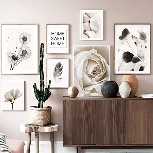 Rosa blanca flor pluma diente de león pared arte lienzo pintura nórdica carteles e impresiones planta pared cuadros para sala decoración D A5 15X20 cm sin marco