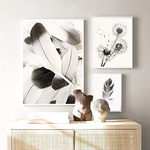 Rosa blanca flor pluma diente de león pared arte lienzo pintura nórdica carteles e impresiones planta pared cuadros para sala decoración D A5 15X20 cm sin marco