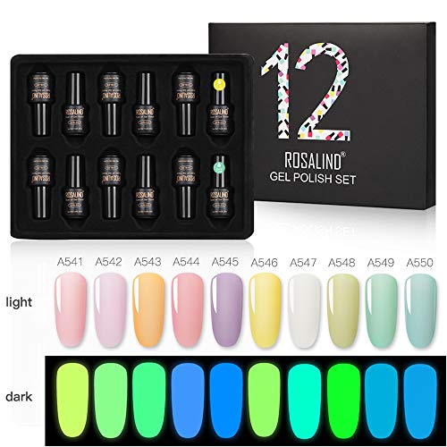 ROSALIND - Esmalte de uñas de gel que brilla en la oscuridad, secado con luz UV LED, 10 colores + capa base superior de 7 ml