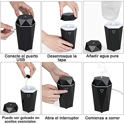 Rovtop Humidificador Coche - Ambientador Coche Aromaterapia Ultrasónico USB para Coche, Difusor de Aceite Esencial Purificador con Cargador para Coche, Baño, Dormitorio, Oficina, Regalo (Negro)