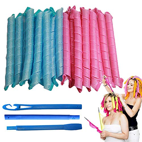 Rpanle 27"/55cm Magia Rizadores de Cabello Rizos Espirales Kit de Peinado, 20 piezas de rizadores de pelo sin calor y 1 ganchos de peinado para cabello extra largo,Rosado & Azul…