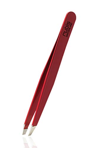Rubis clásico - Pinzas de Depilar Profesionales - Pinza de Acero Inoxidable - Depilacion de Gran Precision para Cejas y Pelo Facial (oblicua / slant, rojo)