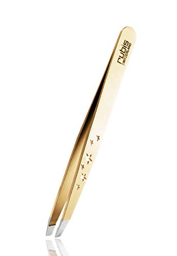 Rubis Prestigious Line - Pinzas para depilación de cejas (revestimiento de oro, punta inclinada, 6 estrellas), color dorado
