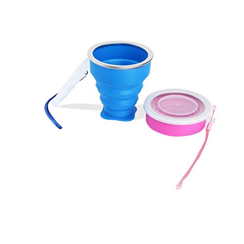 Ruesious 2 pcs Tazas de Viaje 200ml de Silicona Plegable Portátil y Reutilizable,Vaso Con Tapa sin BPA para camping senderismo y Viaje.(Azul y Rosa)