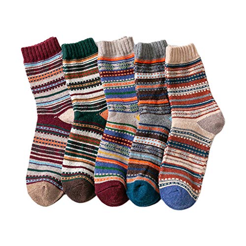 ruiruiNIE 5 Pares Calcetines de Punto Gruesos para Hombre étnicos Calcetines Rayas geométricas calcetería de Invierno cálido