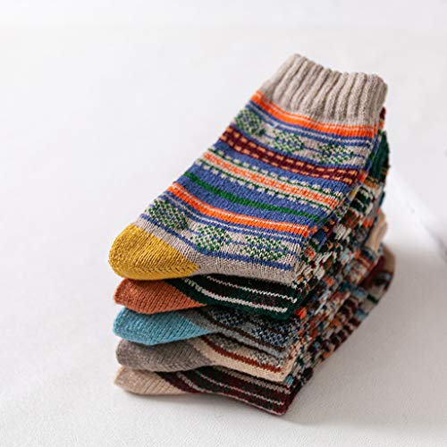 ruiruiNIE 5 Pares Calcetines de Punto Gruesos para Hombre étnicos Calcetines Rayas geométricas calcetería de Invierno cálido