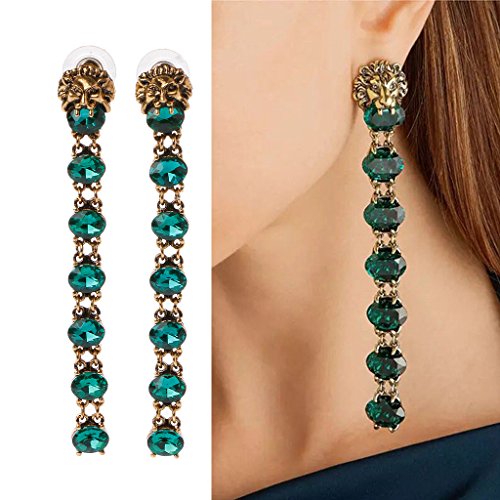 S-TROUBLE Pendientes Largos de Cristal Verde Pendientes Colgantes con Cabeza de león Perla exagerada