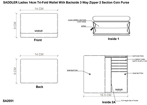 SADDLER Billetera Triple Pliegue de 14cm para Mujeres con Cremallera de 3 Vias y Monedero de 2 Secciones - Rojo