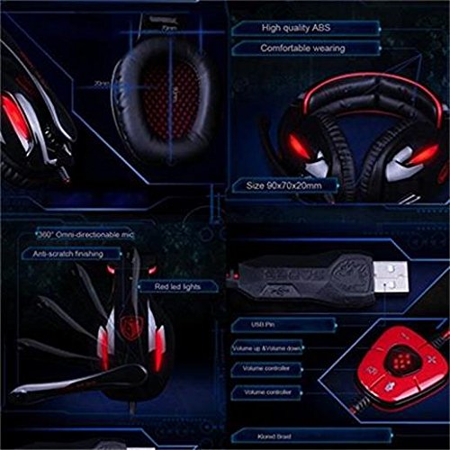 SADES SA 902 7.1 de sonido envolvente estéreo Pro USB PC Gaming Auriculares Cinta de cabeza de los auriculares con micrófono Deep Bass Over-the-Ear Control de volumen de las luces LED para jugadores de PC (Negro)