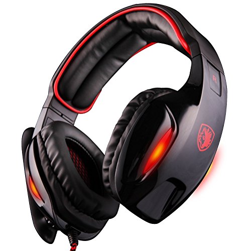 SADES SA 902 7.1 de sonido envolvente estéreo Pro USB PC Gaming Auriculares Cinta de cabeza de los auriculares con micrófono Deep Bass Over-the-Ear Control de volumen de las luces LED para jugadores de PC (Negro)