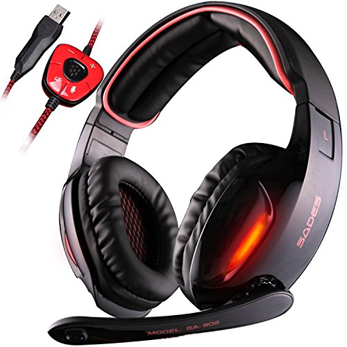 SADES SA 902 7.1 de sonido envolvente estéreo Pro USB PC Gaming Auriculares Cinta de cabeza de los auriculares con micrófono Deep Bass Over-the-Ear Control de volumen de las luces LED para jugadores de PC (Negro)