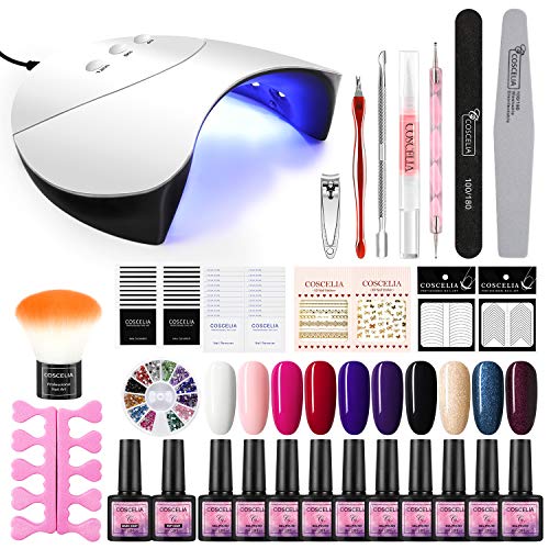 Saint-Acior Lámpara de Uñas UV/LED 36W Curado de Esmalte de Gel Esmalte de Uñas Semipermanente Uñas de Gel Kit de Manicura 10pcs con Base Coat Top Coat Soak off 8ml Manicura Kit
